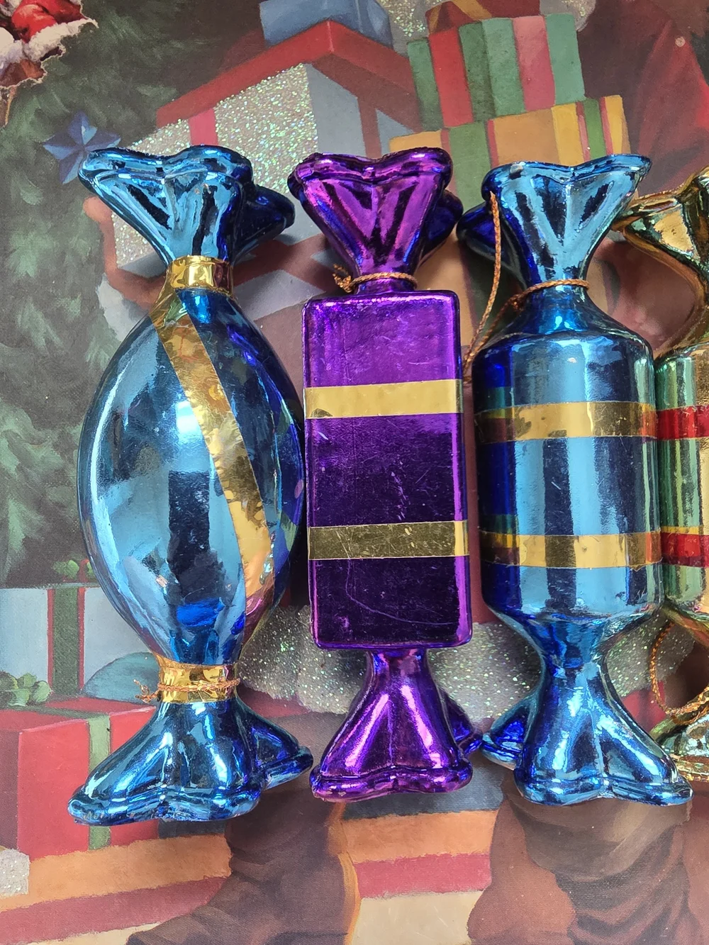 Set of 5 vintage plastic candy-shaped Christmas ornaments with a metallic mirror